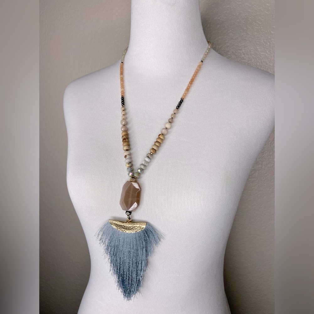 Pretty necklace with beads, fringe tassel, neutral colors!